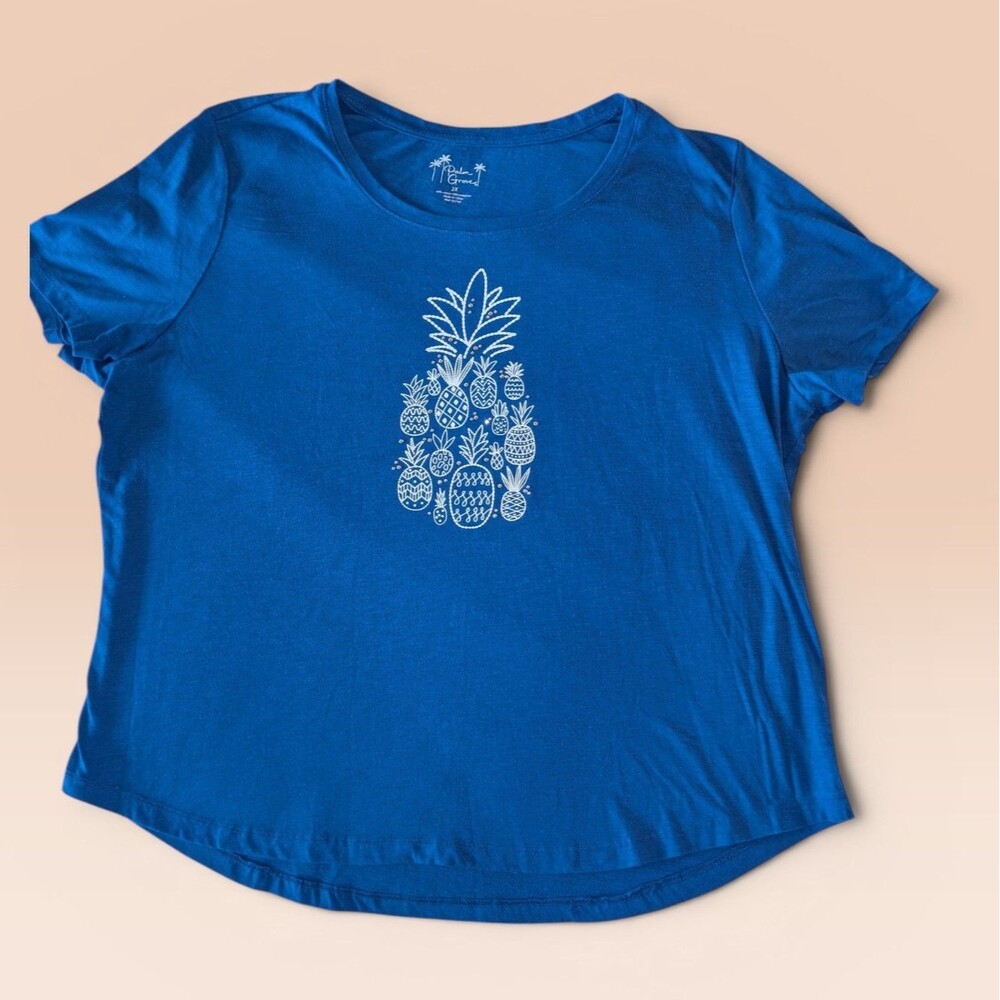 PALM GROVE Women's 2XL Blue Short Sleeve Top Pineapple Accented With Rhinestones
